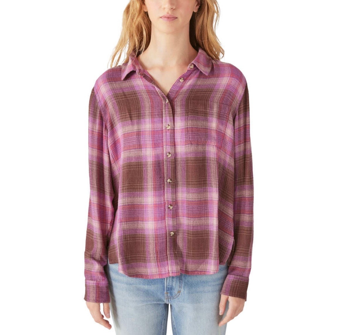 Lucky Brand Purple Button Front Plaid Shirt Small Cloud Boyfriend Viscose